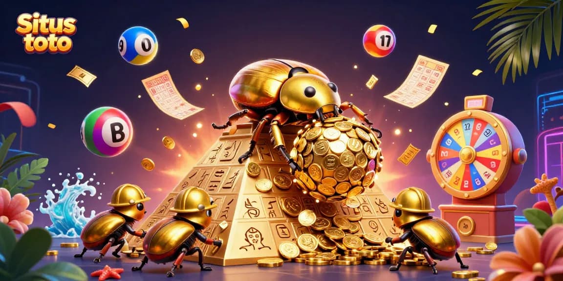 Situs toto offers thrilling lottery action with massive golden beetles rolling coins, vibrant bingo and lottery elements