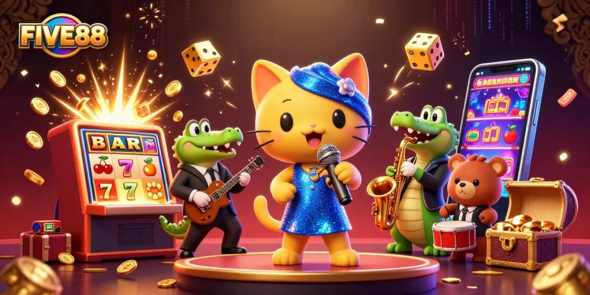 Experience thrilling wins with FIVE88 in an exhilarating casino scene featuring lively characters and jackpot elements.