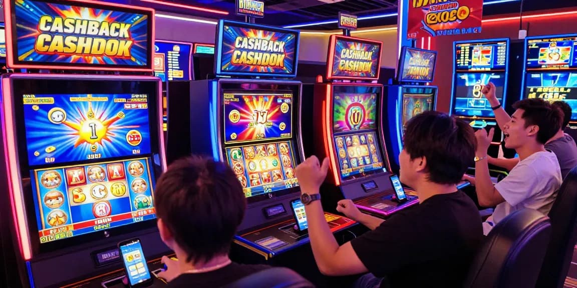 Menampilkan suasana slot gacor fujiwin88 dengan pemain merayakan kemenangan di kasino online yang cerah dan berwarna-warni.