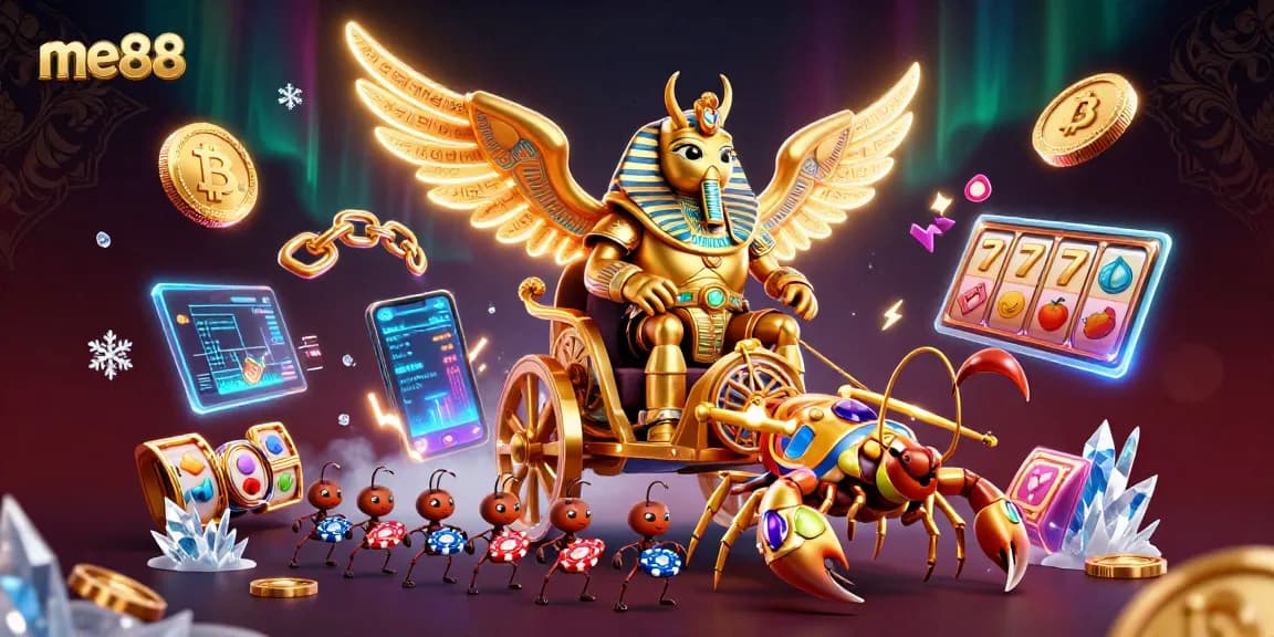 Engage with me88's thrilling casino games, as represented by a golden scarab beetle in an elaborate scene.