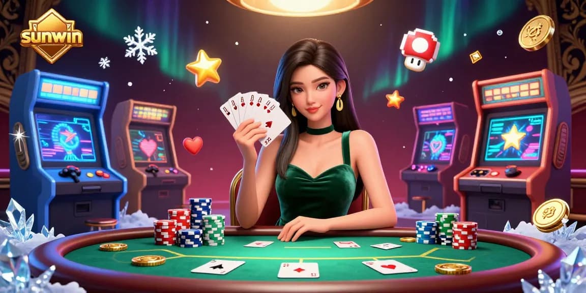 Experience the thrill of the casino with Sunwin, featuring an elegant player at a poker table.