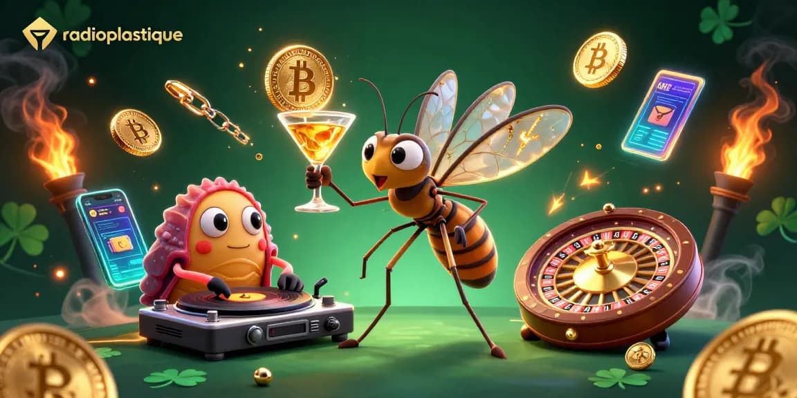 Radioplastique showcases a vibrant casino scene featuring a unique mosquito mascot and golden roulette.