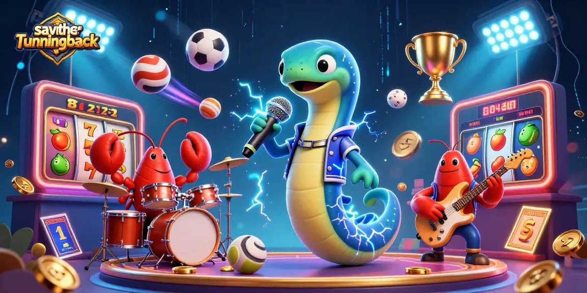 Ilustrasi 3D menarik menunjukkan belut listrik berpakaian DJ dan kelompok musik, menghibur pemain di kasino bawah air, savetherunningback.