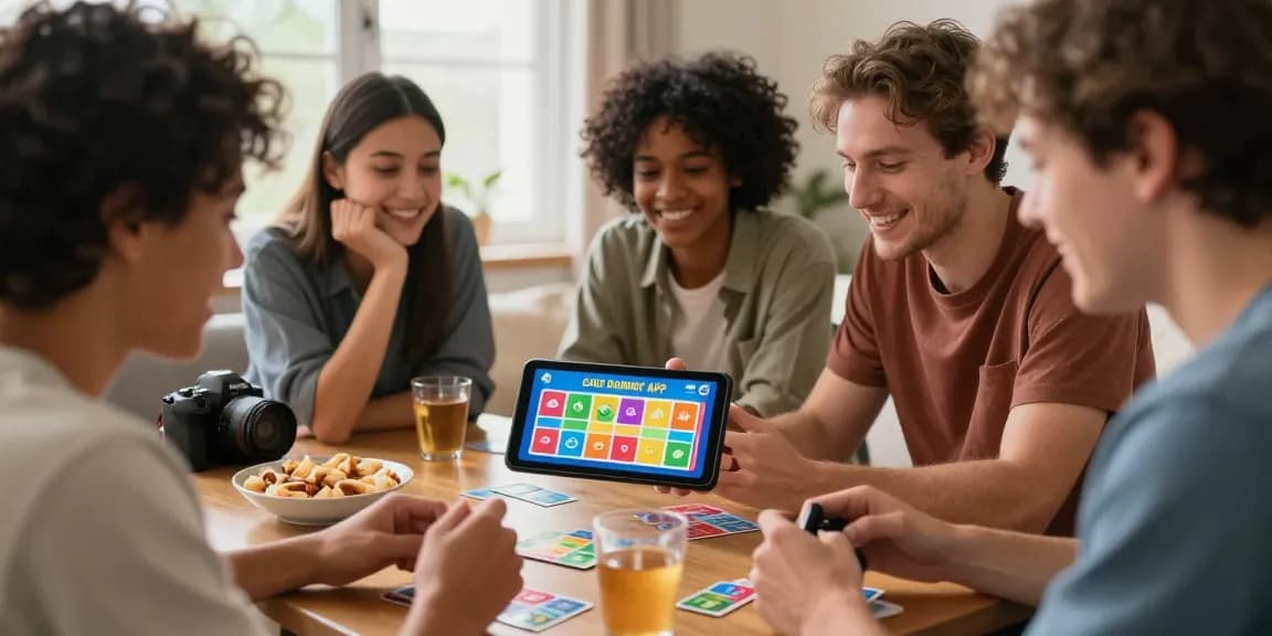Friends enjoying Card Rummy APK on a mobile device, showcasing the best mobile app experience with colorful graphics and a fun atmosphere.