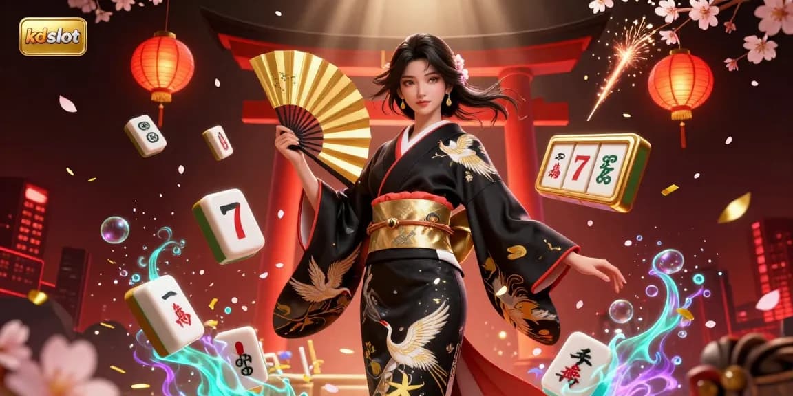 Engage with kdslot action as the elegant Asian woman holds a golden fan amid a vibrant slot game scene.