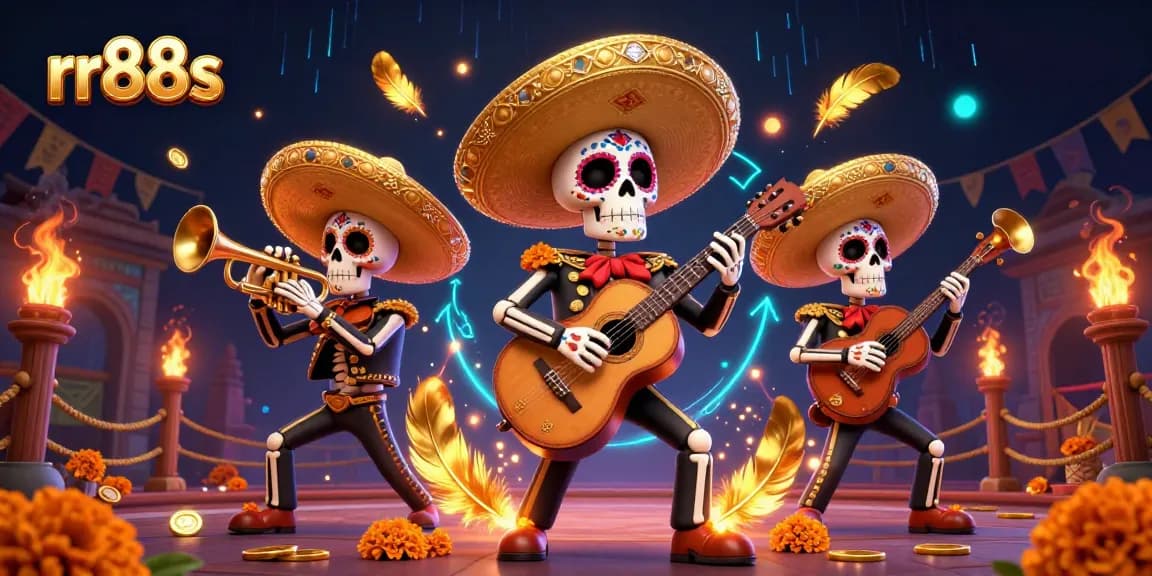 Spin to win with rr88s in a vibrant Day of the Dead casino scene, buzzing with game elements.