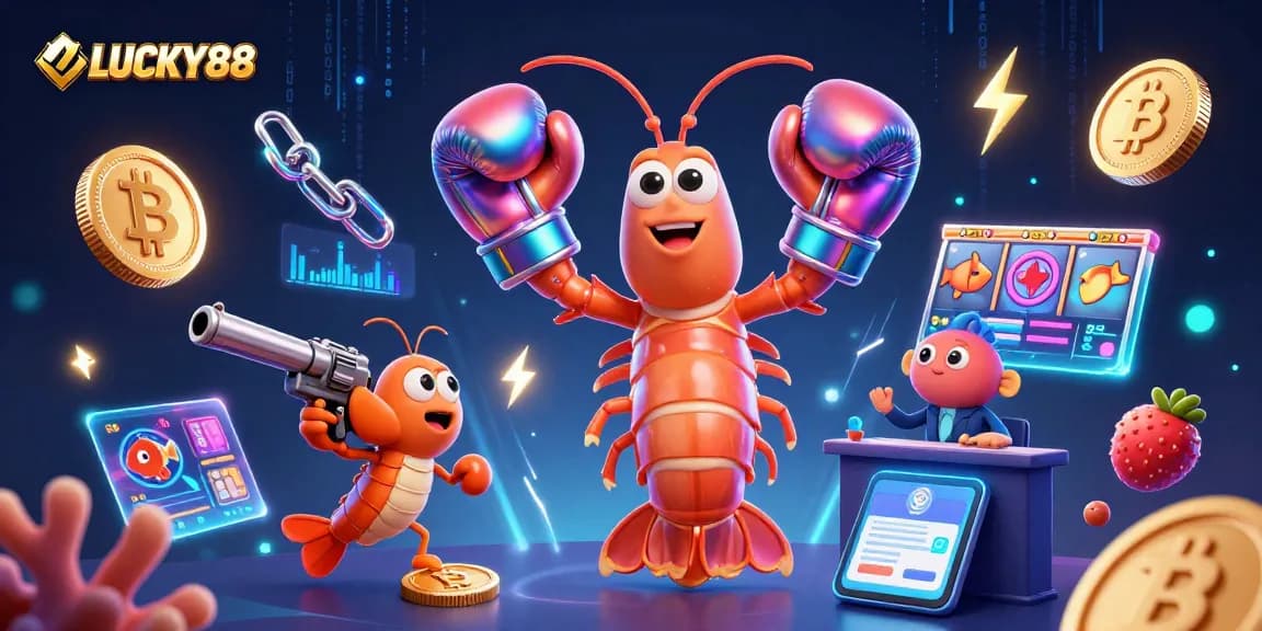 Experience thrilling games at LUCKY88 with cartoon characters having a high-octane casino showdown surrounded by cryptocurrencies.