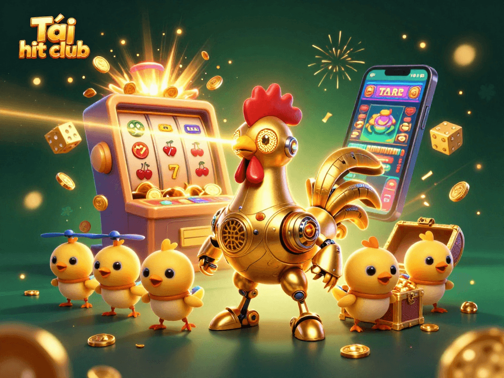 Play engaging casino games at Tải hit club with dynamic 3D visuals featuring a golden rooster robot and vibrant gaming elements.