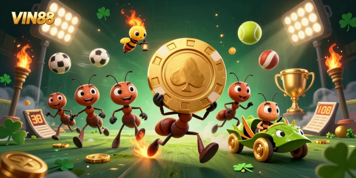 Experience thrilling gameplay at VIN88 with a dynamic heist scene featuring playful ant characters.