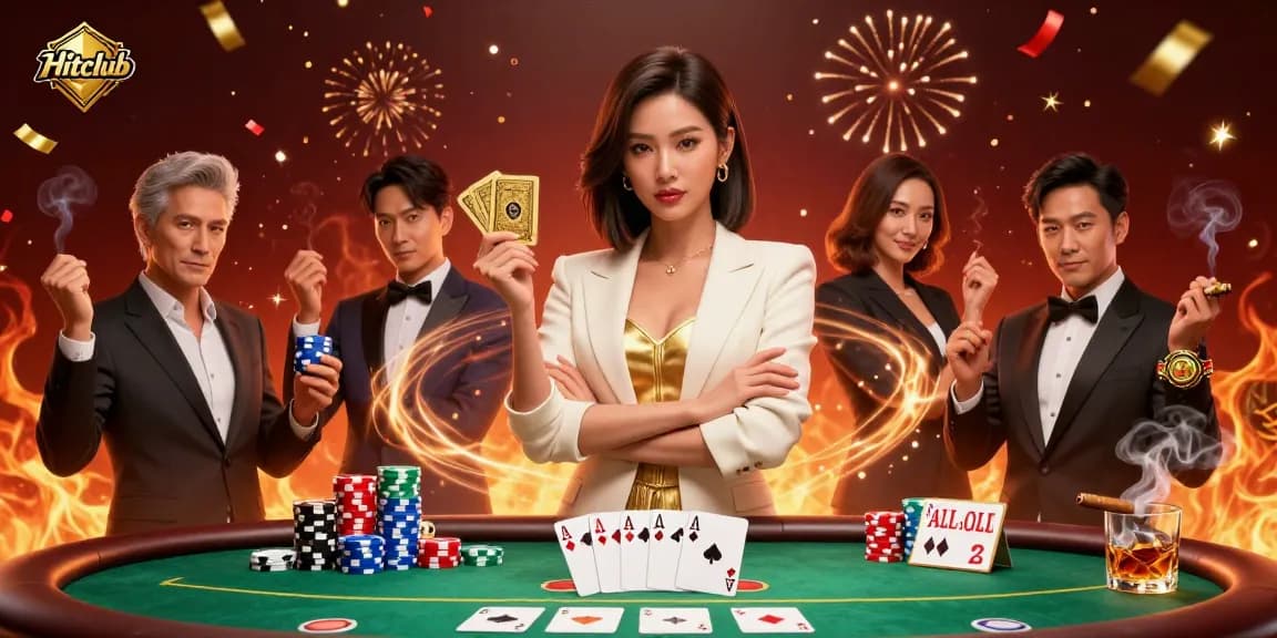 Hitclub showcases a powerful business-woman holding poker cards in an energetic casino atmosphere.