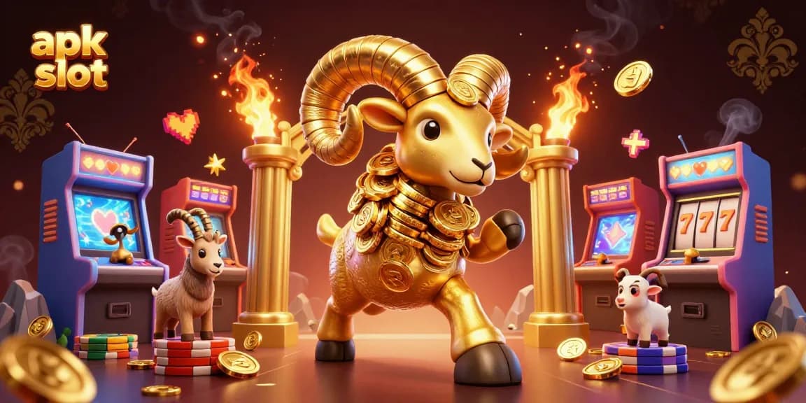 JKTJKT apk slot menampilkan ram emas besar dikelilingi mesin permainan 3D dan simbol jackpot.