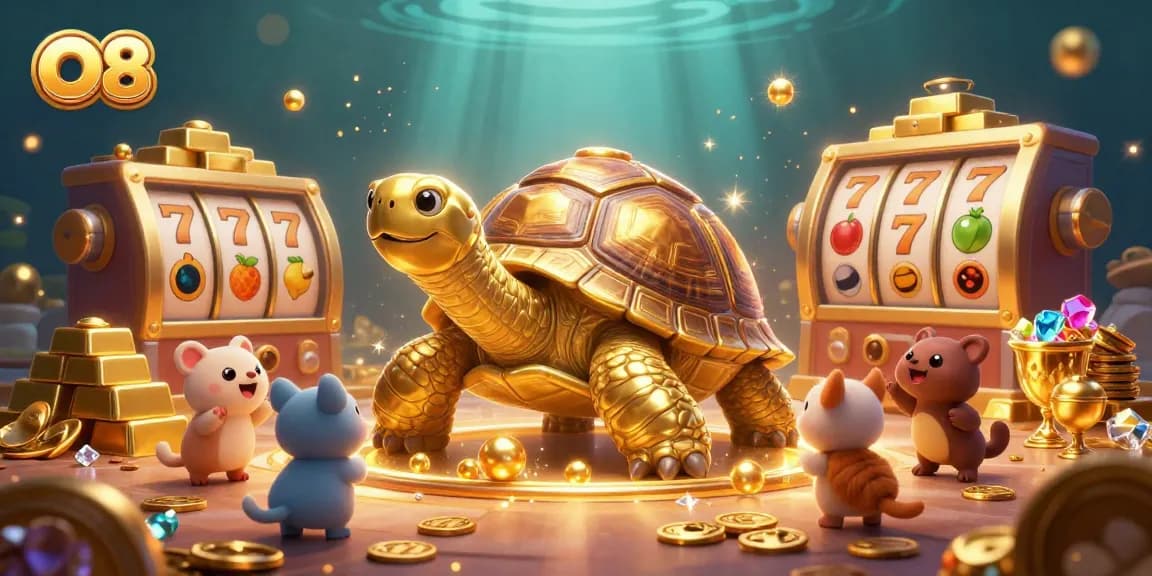 Experience the thrill of O8 casino games with a golden tortoise centerpiece and vibrant slot reels.