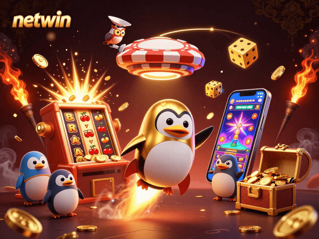 Experience netwin with a rocket-powered penguin in a vibrant casino universe bursting with excitement.