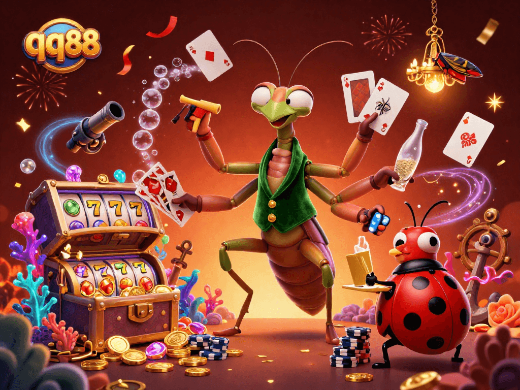 Experience thrilling gameplay at qq88, where slot reels spin and characters celebrate with confetti.