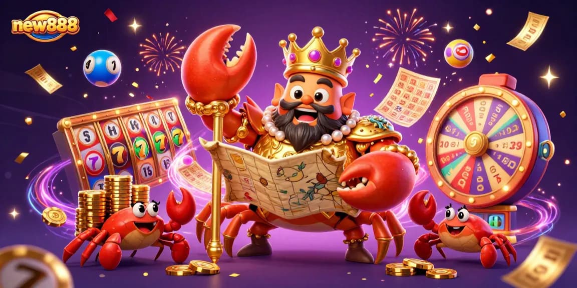 Experience the thrill of new888 with a vibrant 3D illustration showcasing a golden crab emperor and exciting casino elements.