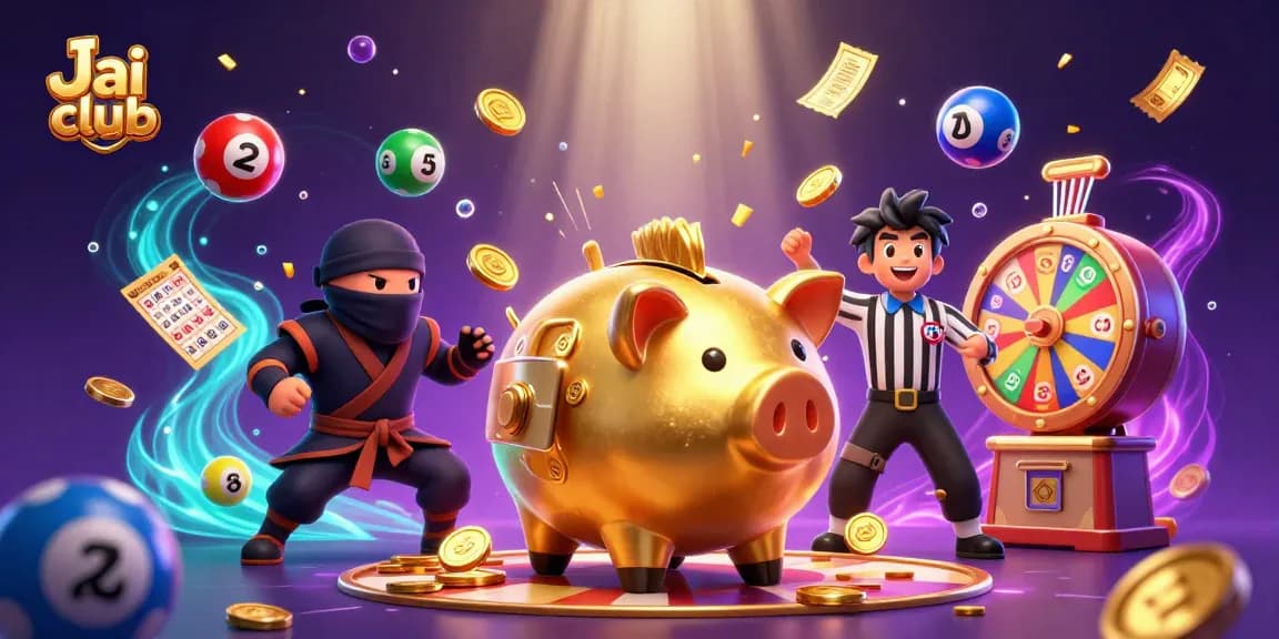 Engage with exciting games at Jai club featuring vibrant animated scenes of golden piggy banks and dynamic lottery elements.