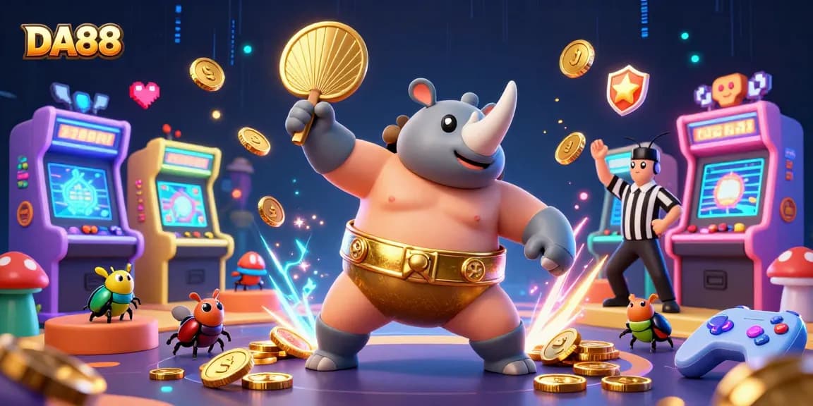 Engaging DA88 illustration showcasing a beetle champion with flying coins in a colorful casino setting.
