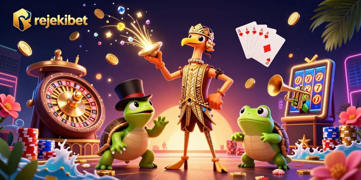 Win big with rejekibet in this vibrant 3D illustration of cartoon characters celebrating casino jackpots.