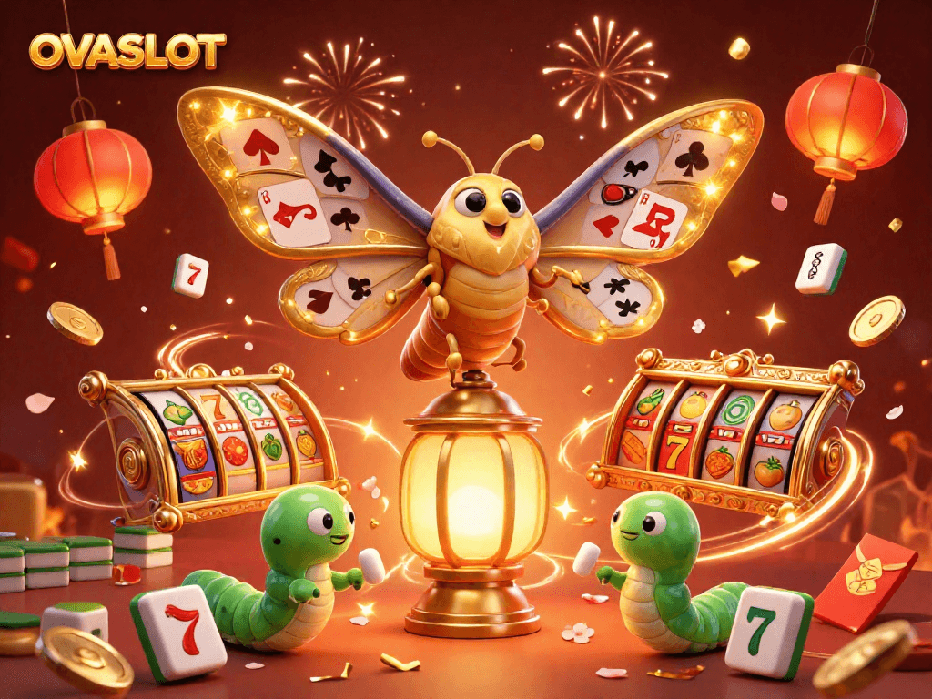 Join the excitement at OVASLOT, featuring vibrant 3D graphics of thrilling slots and celebratory casino elements.