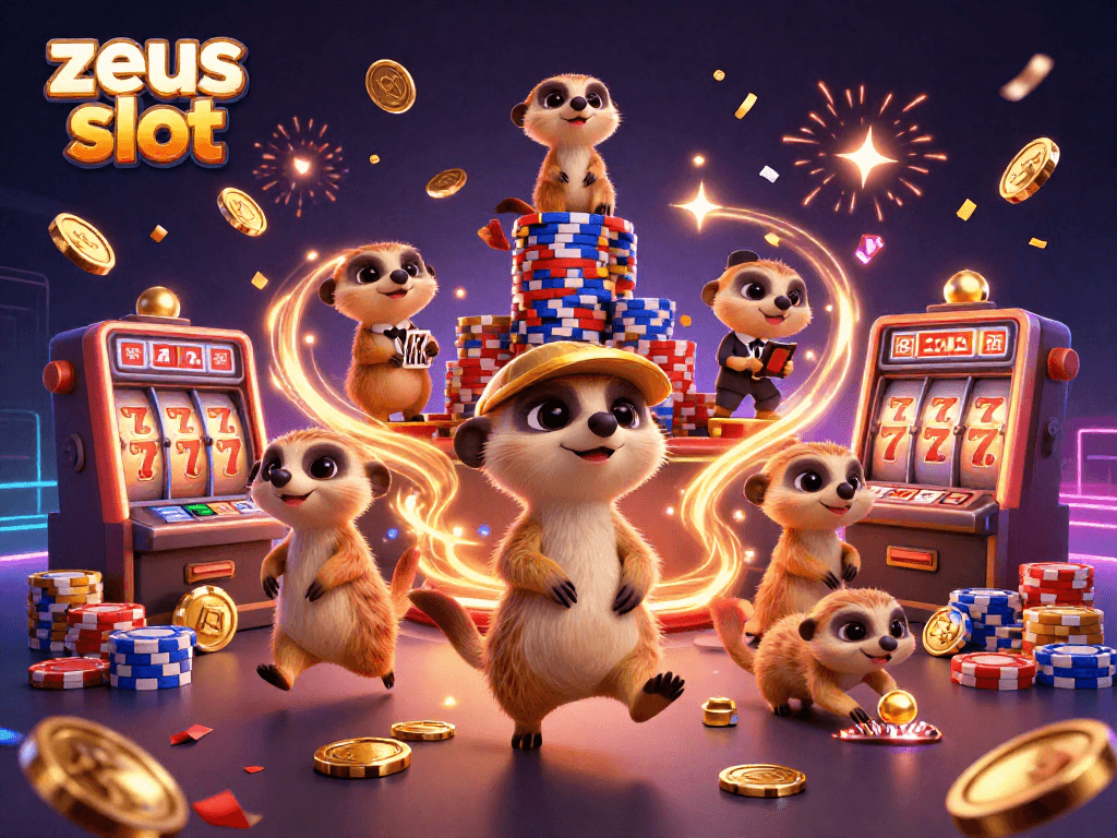 Experience the excitement of zeus slot with animated meerkats in a vibrant digital casino scene.