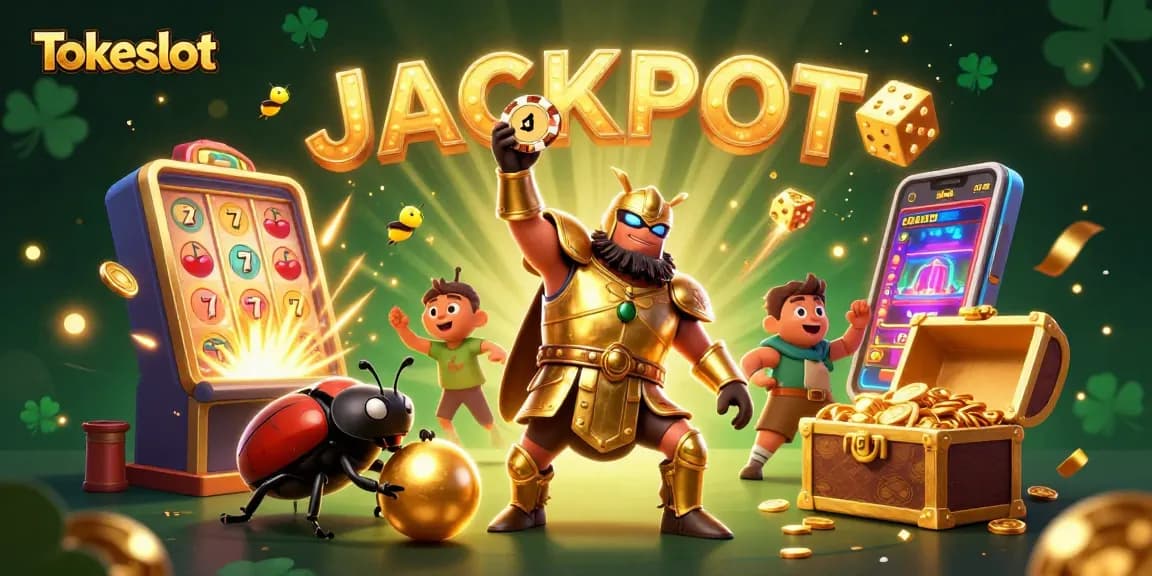 Tokeslot's engaging gaming world featuring a winning hercules beetle celebrating with poker chips, golden treasures, and jackpot vibes.