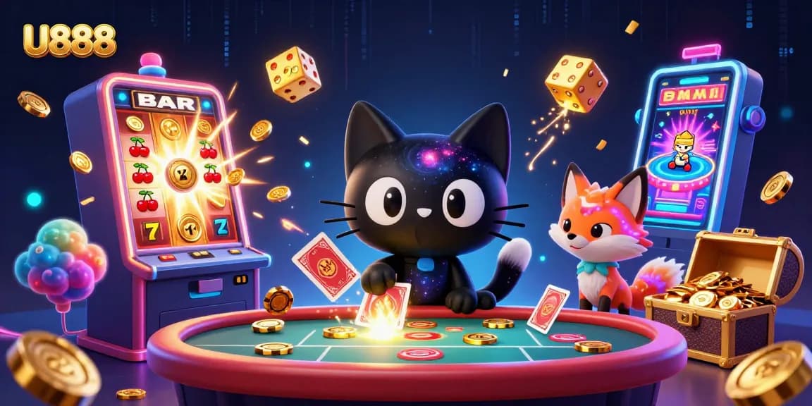 Win big with U888 at a vibrant cosmic casino featuring slot machines and a black hole cat.