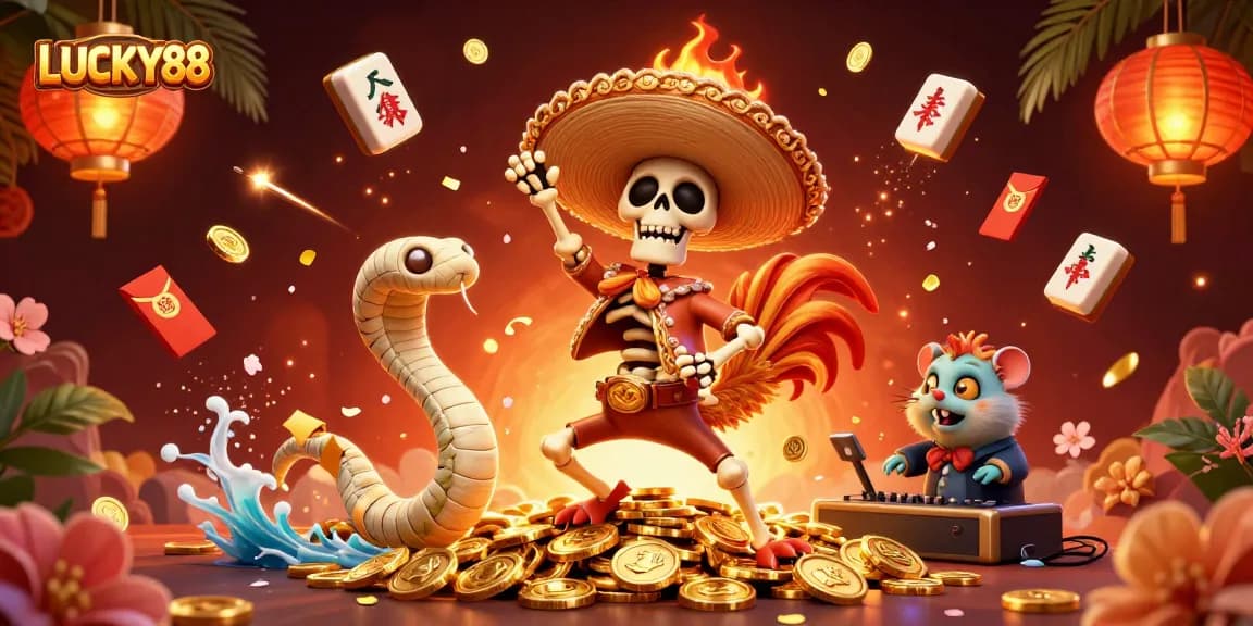 LUCKY88 carnival scene showcasing vibrant characters and floating casino elements for an engaging experience.