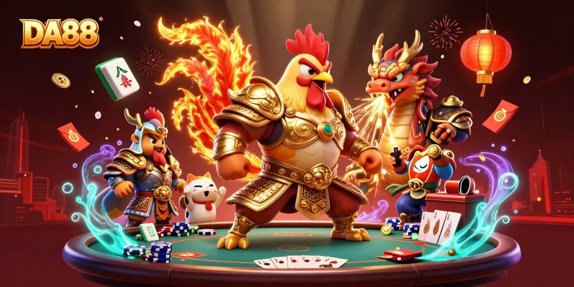 DA88 featuring a vibrant 3D cartoon scene with a rooster warrior and dragon hatchling in action.