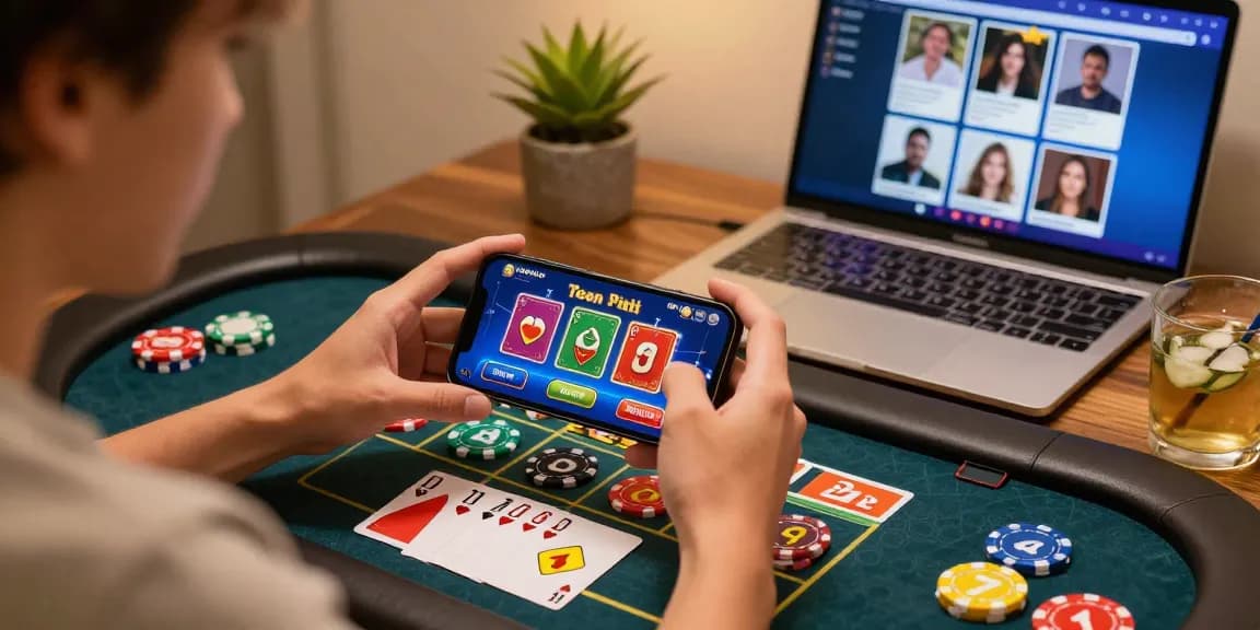 Playing 3 Patti Vegas APK on a smartphone with vibrant graphics and colorful chips in a cozy setting, showcasing a secure link to online gaming.