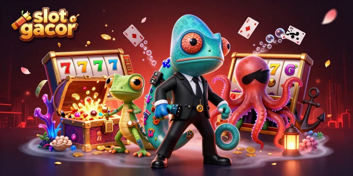 Slot gacor menunjukkan chameleon agen rahasia dengan simbol permainan yang bersinar dan harta karun.