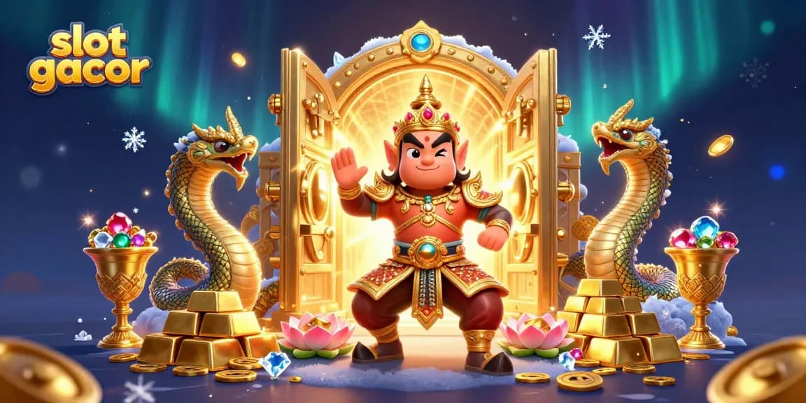 Slot gacor menghadirkan penjaga kuil Thailand yang ramah sambil menjaga harta berharga di latar yang megah.