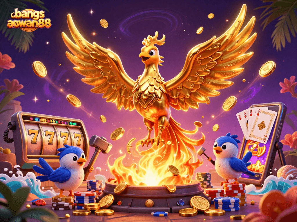 Experience thrilling jackpots with bangsawan88 in this vibrant 3D casino scene featuring golden elements.