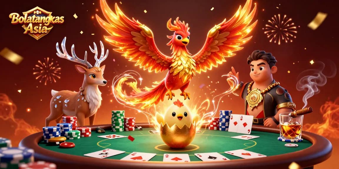 Experience thrilling action in Bolatangkas Asia with a vibrant phoenix scene, poker dynamics, and celebratory elements.