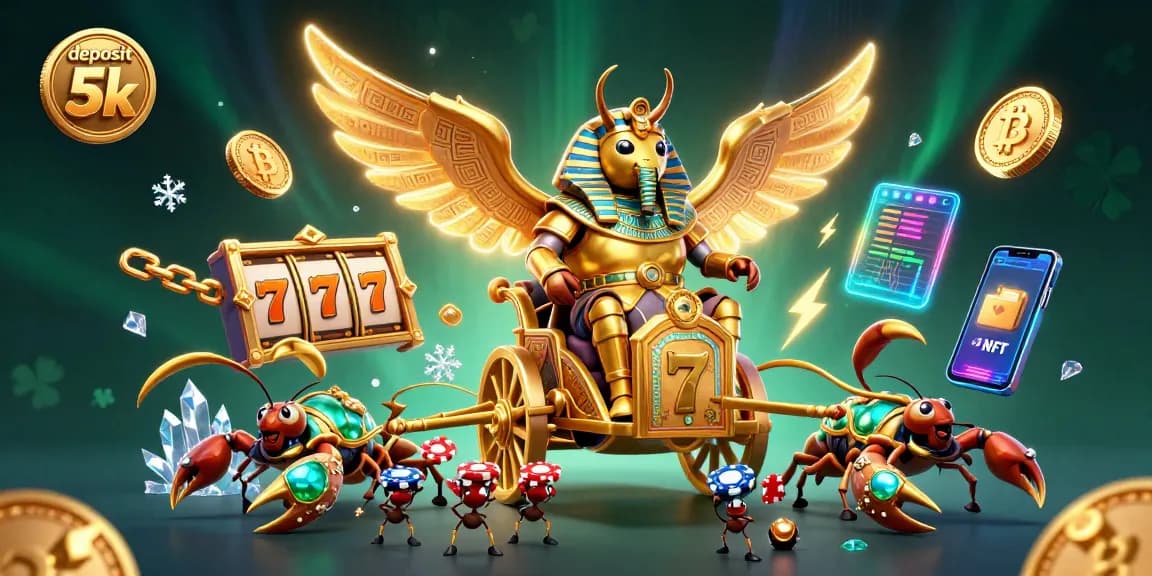 Spin to win with deposit 5k at our vibrant casino, featuring golden beetles and slot reels!