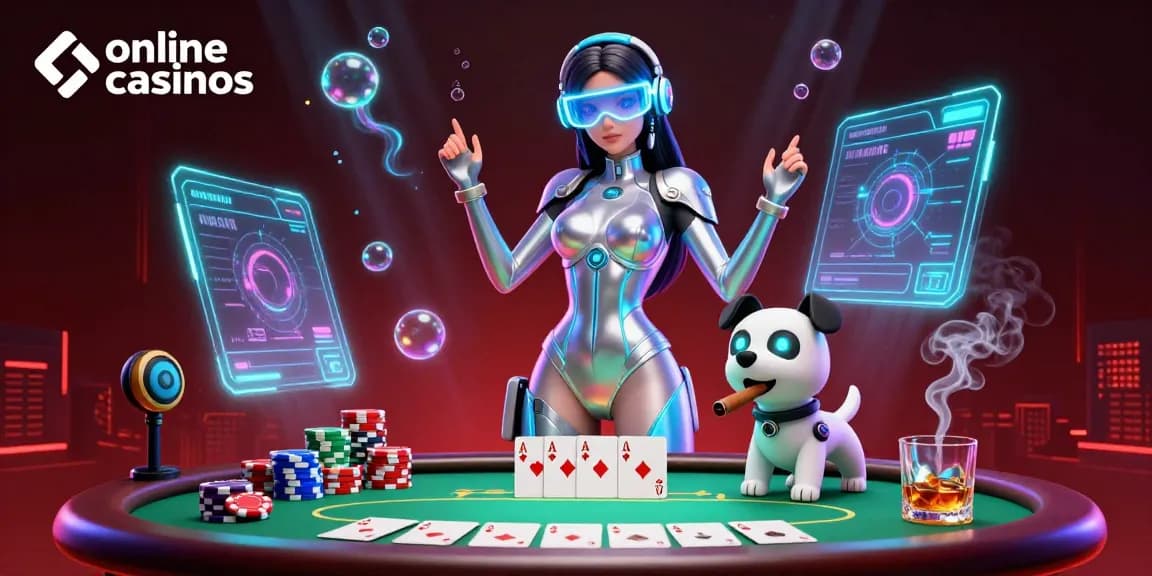 Engage with thrilling online casinos in a vibrant 3D illustration featuring a futuristic woman and robot dog.