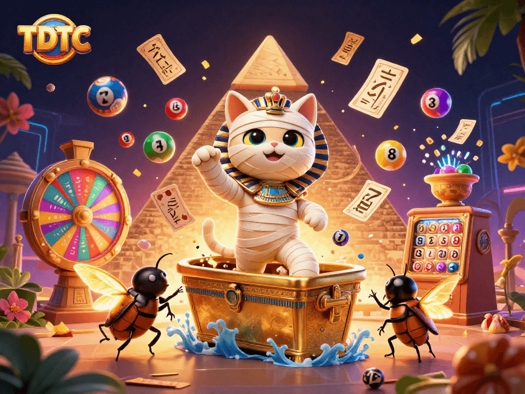 Engage with dynamic TDTC gaming action featuring an Egyptian mummy cat and vibrant elements.
