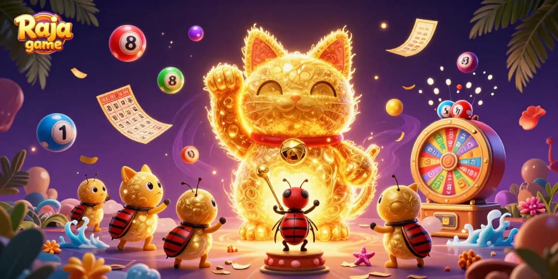 Play exciting games with Raja game that features a golden lucky cat amidst vibrant lottery elements.