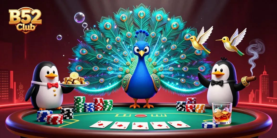 B52Club showcases a vibrant casino scene with a peacock, butler, and hummingbird engaging in poker.