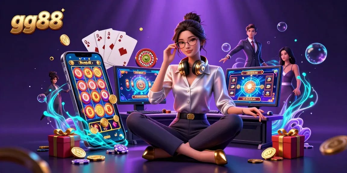 gg88 slot games spotlight, featuring an elegant Asian gamer at a dynamic setup, gold coins and vibrant graphics.