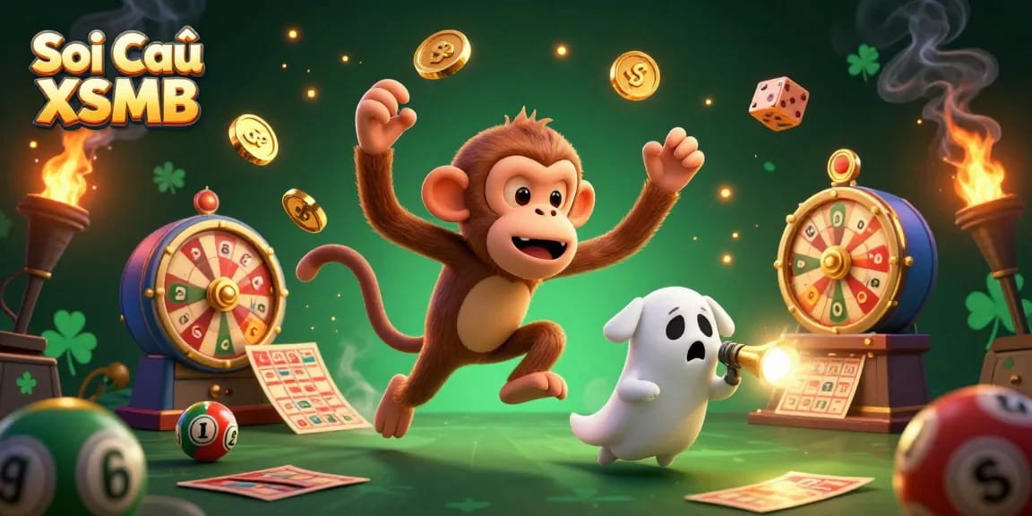 Soi Cầu XSMB lottery scene showcasing a playful monkey juggling golden coins, captivating gamblers and bringing luck.