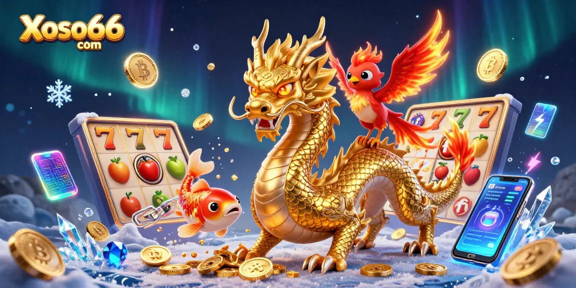 Win big at Xoso66 com with vibrant dragons, coins, and exciting slot elements!