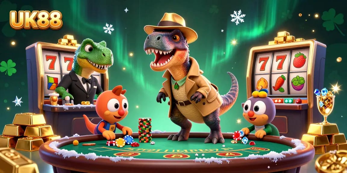 Experience the thrill of UK88 with a clever velociraptor card counter, blackjack table, and sparkling gems.