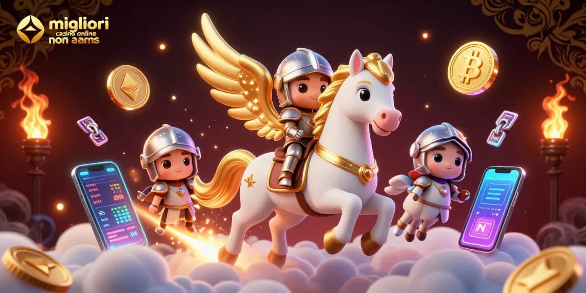 Interagisci con i migliori casinò online non aams attraverso un'illustrazione vibrante che mostra l'energia del casinò e gli elementi crypto.