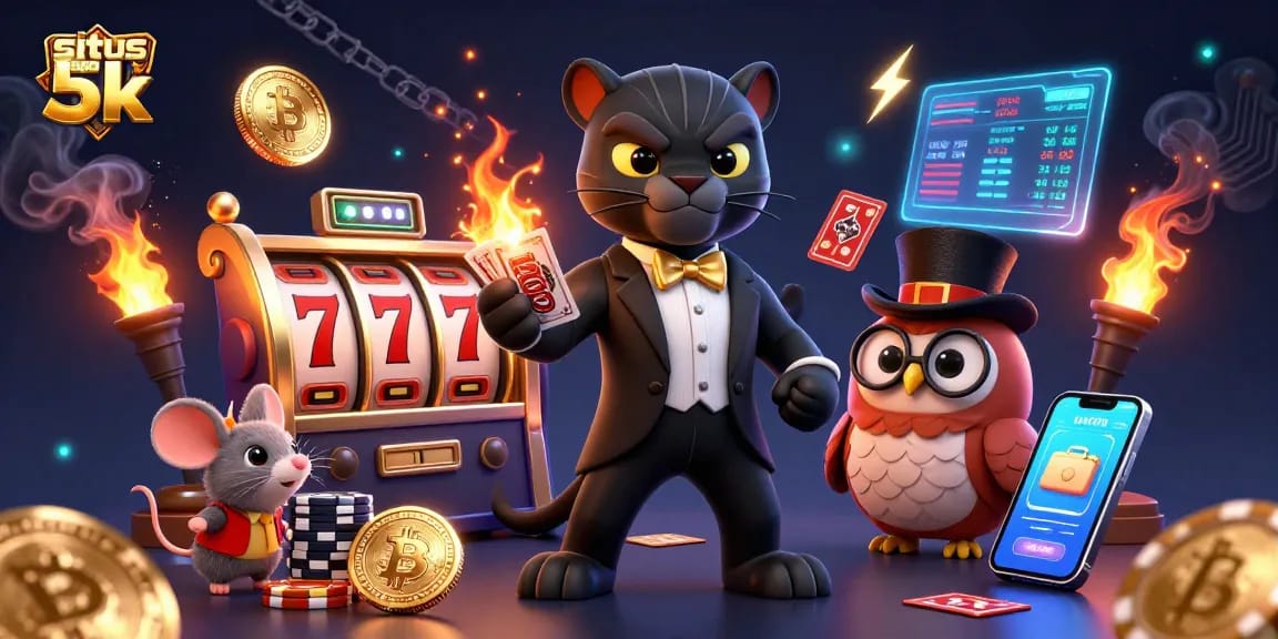 Experience the excitement of situs depo 5k with a 3D illustration of a panther dealer, casino elements, and crypto coins.