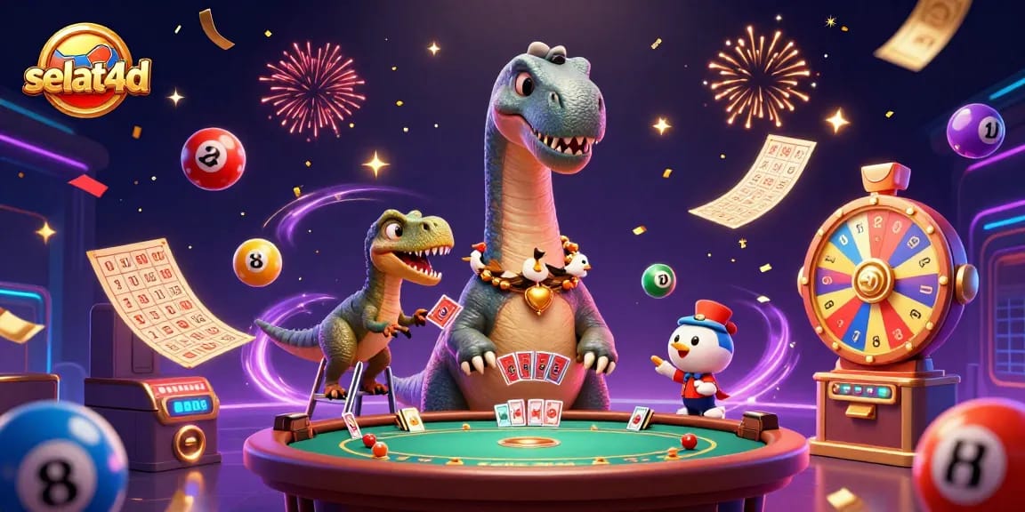 Engage with the vibrant world of selat4d as a brontosaurus oversees a lively casino scene with colorful game elements.