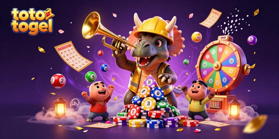 Experience thrilling toto togel action as a triceratops builds a poker chip tower celebrating wins.
