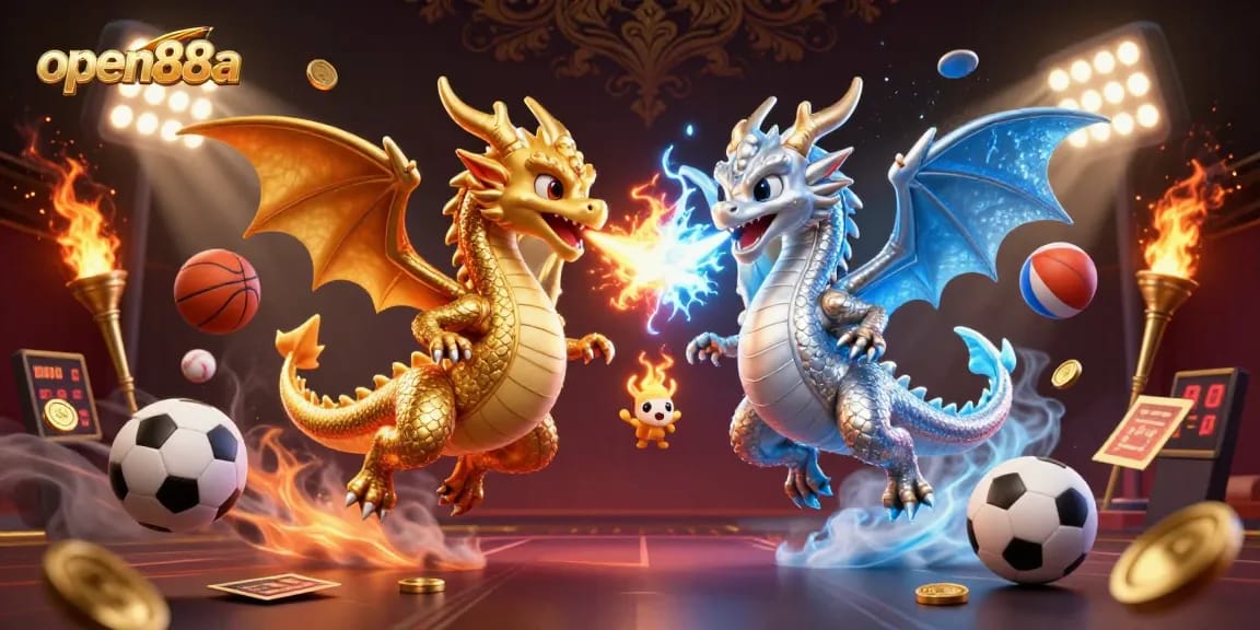 Engage in thrilling action with open88a, featuring gilded dragons and sports betting elements in a vibrant casino scene.