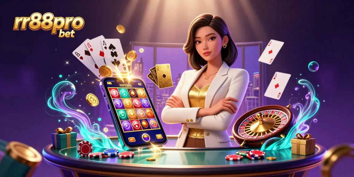 Engage with thrilling games at rr88pro bet, showcasing an elegant Asian woman in a casino scene, surrounded by sparkling elements.