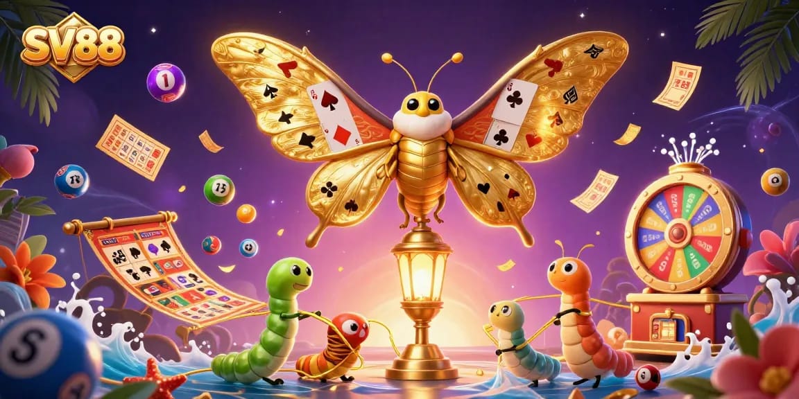 SV88 showcases an energetic scene of colorful lottery elements and a majestic moth representing exciting casino adventures.