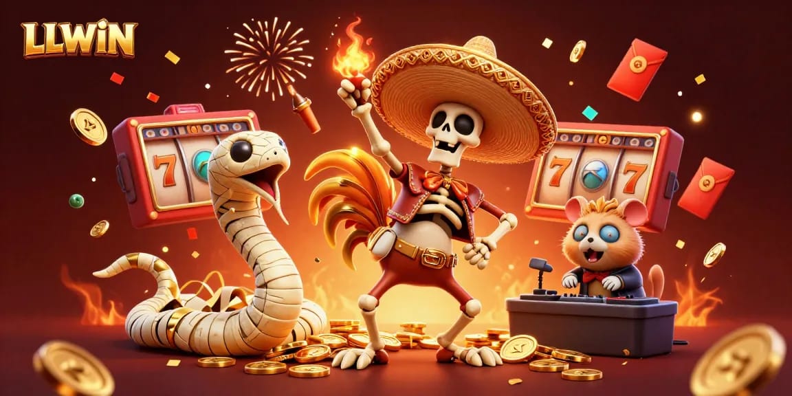 LLWIN gaming scene with vibrant characters celebrating on golden coins amidst slot and casino elements.